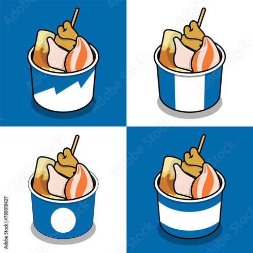 Korean street food ilustration, oden in blue and white papper bowl, with chikuwa, fish cake, cheese dumpling and siomay rolled inside, vector logo illustration