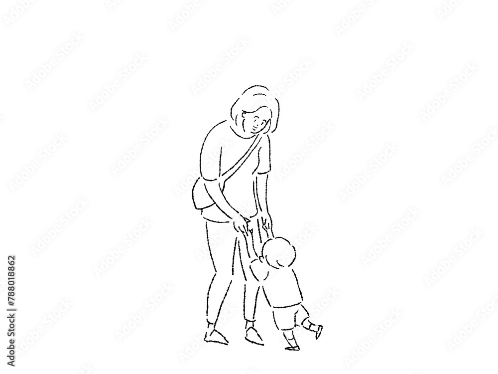 手を繋いだ親子、女性(母親)と小さい子供、線画 手を繋いだ親子、女性(母親)と小さい子供、線画