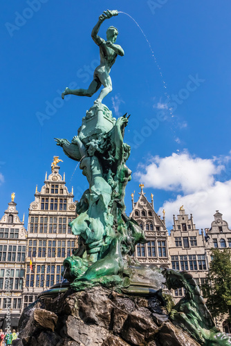 Brabo's monument with Guild houses in the Grote Markt, Antwerp, Belgium