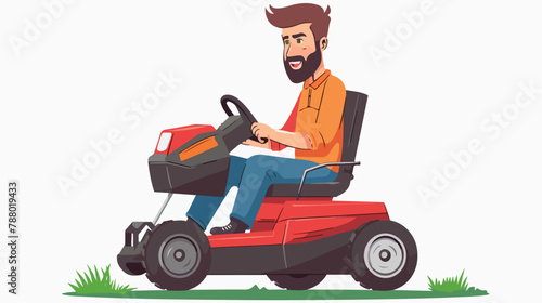 Happy bearded man sitting on lawn mower isolated on white background