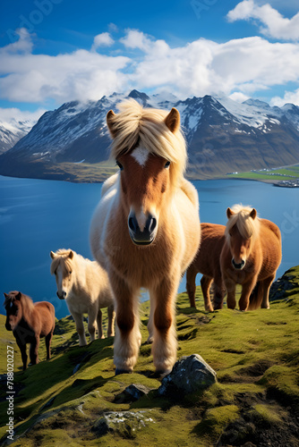 Tranquil Scenes - Fjord Horses Grazing Against Norwegian Landscape