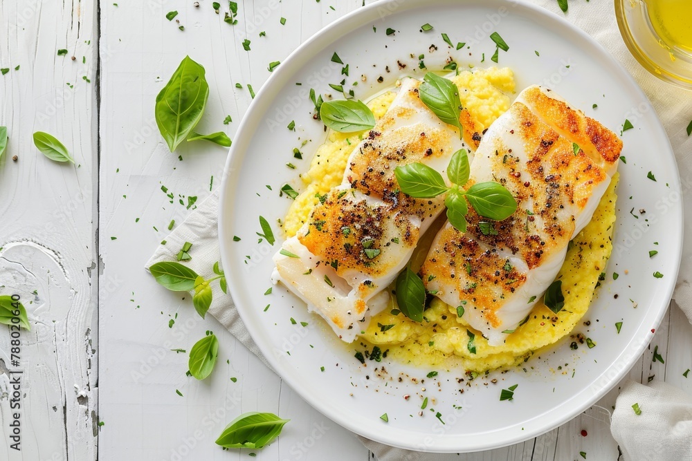 Creamed salt cod with polenta on white plate Italian dish top down view Creamed salt cod with polenta on white plate Italian dish top down view