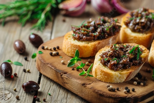 Crispy crostini with tapenade a tasty French olive paste photo