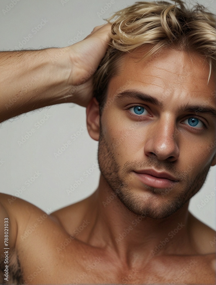 Obraz premium Jeune homme séduisant, torse nu, pour couverture de roman et affiche promotionnelle, tatouages et beaux yeux, barbes et regards charmeurs