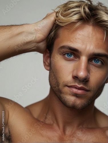 Jeune homme séduisant, torse nu, pour couverture de roman et affiche promotionnelle, tatouages et beaux yeux, barbes et regards charmeurs