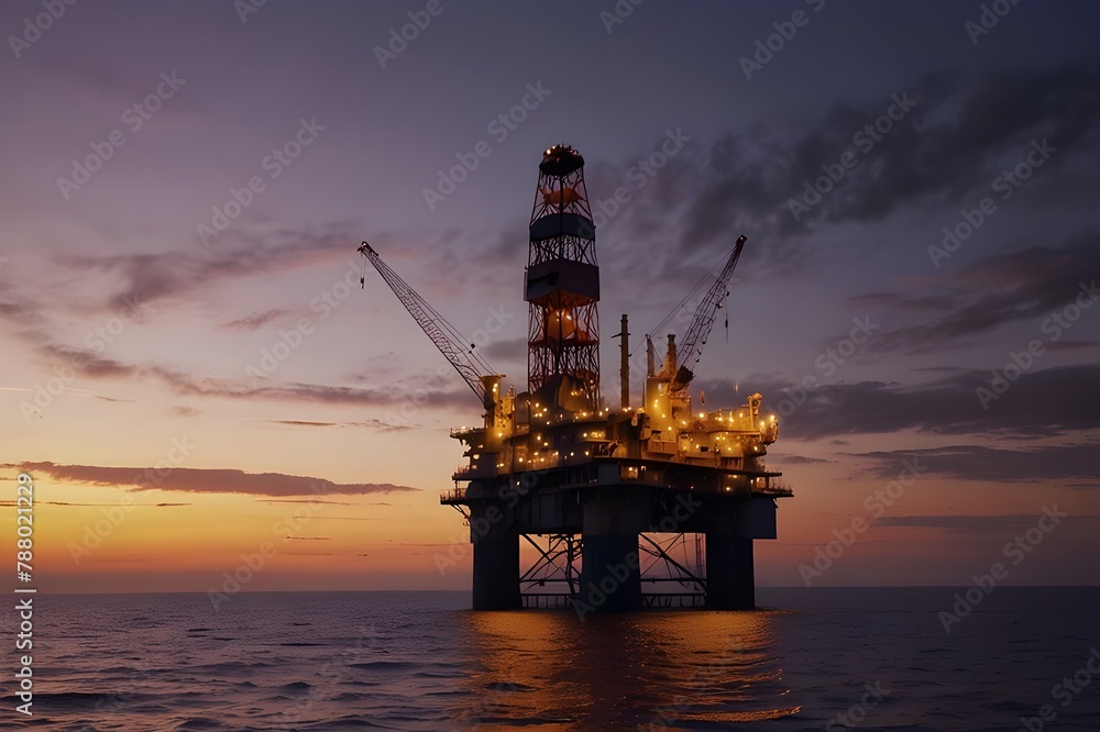 An offshore oil platform. drilling for petroleum and gas offshore Middle of the sea, oil offshore drilling under a setting sun. petroleum industry



