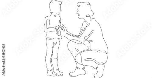 Mother with child. Teacher with a baby in kindergarten. Teacher with student in elementary school. One continuous line . Line art. Minimal single line.White background. One line drawing. 