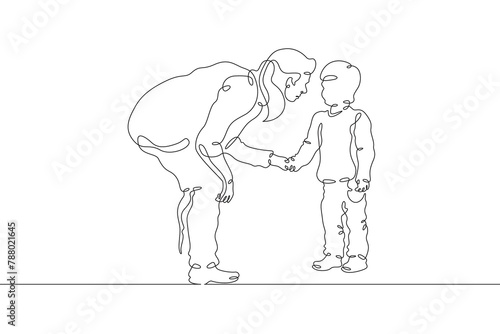 Mother with child. Teacher with a baby in kindergarten. Teacher with student in elementary school. One continuous line . Line art. Minimal single line.White background. One line drawing. 