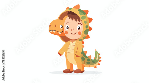 Happy kid in dino costume. Cute boy disguised in funny photo