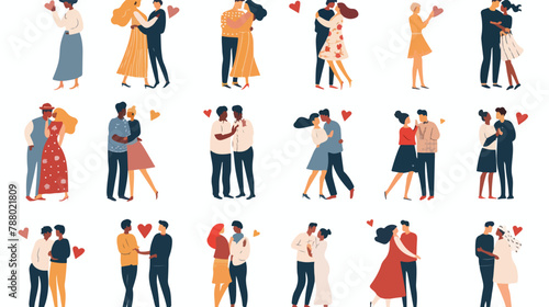 Happy love couples set. Men and women kissing hugging