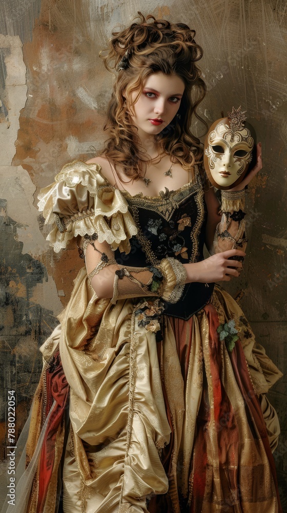 A young woman in a dramatic opera gown, posed with an antique mask at a masquerade ball. 