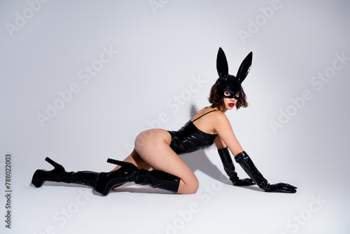 Profile side photo of girl in black rabbit costume pose crawl feel flirty isolated grey color background