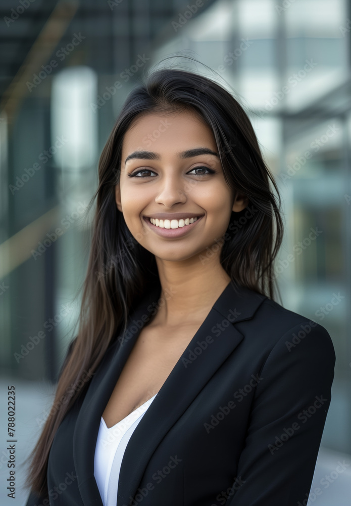 Indian professional lady black hair in a black suit posing outside a office building. Oriental businesswoman looks confident and professional. Concept of success and achievement Indian professional lady black hair in a black suit posing outside a office building. Oriental businesswoman looks confident and professional. Concept of success and achievement