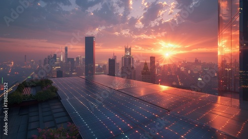 Energy Spark: A photo of a futuristic city skyline with solar panels on rooftops