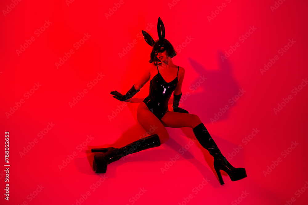 Photo of girl sit posing feel tempting wear black leather rabbit costume isolated red color background Photo of girl sit posing feel tempting wear black leather rabbit costume isolated red color background