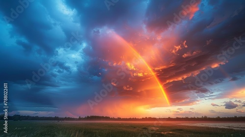 Extreme Weather: A photo of a dramatic sky with a rainbow after a thunderstorm