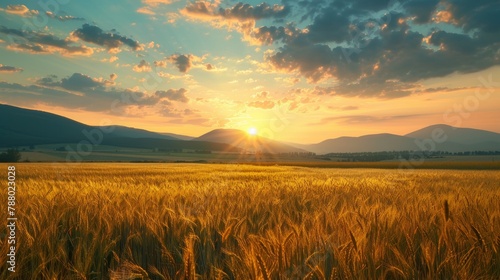A field of golden wheat with the sun setting in front  AI