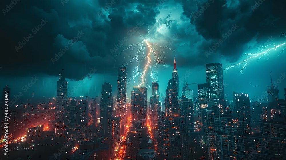 Lightning Strike: A photograph showing a lightning bolt striking a tall building in a city skyline during a thunderstorm