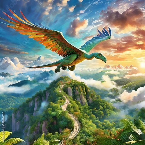 a picture of wonder and adventure as a massive flying dinosaur dominates the skies, its powerful wings carrying it effortlessly through the clouds, while below, onlookers gaze in awe at the sig photo