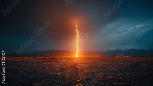 Lightning Strike: A photo capturing a lightning bolt striking a desert landscape © MAY