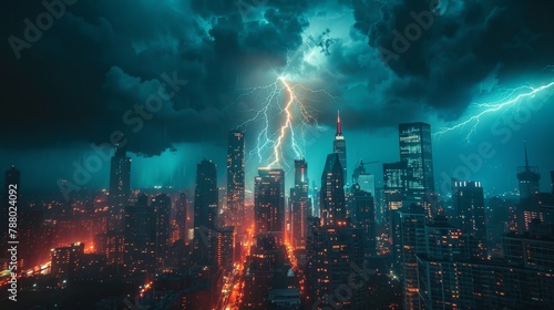 Lightning Strike  A photograph showing a lightning bolt striking a tall building in a city skyline during a thunderstorm