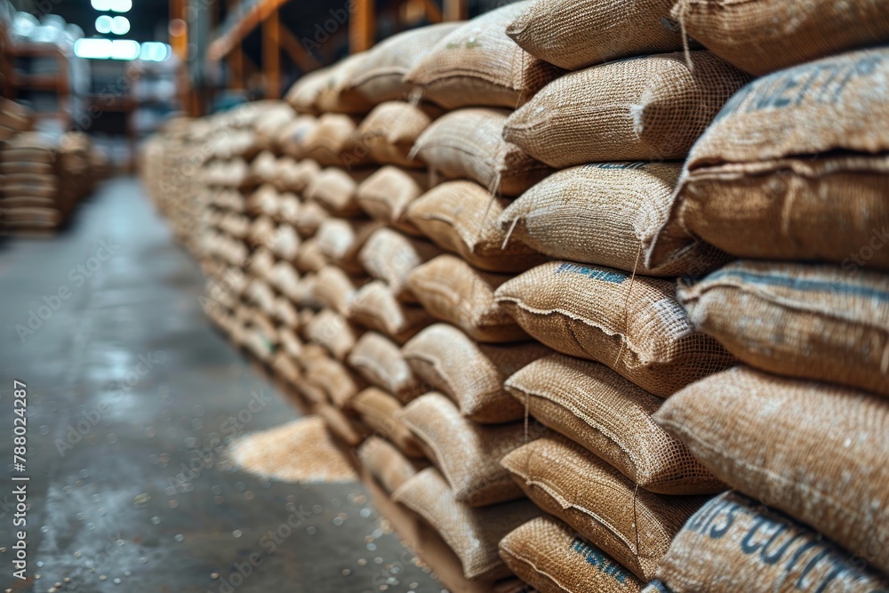 Obraz premium A detailed view of neatly stacked burlap sacks on wooden pallets in a well-organized warehouse setting