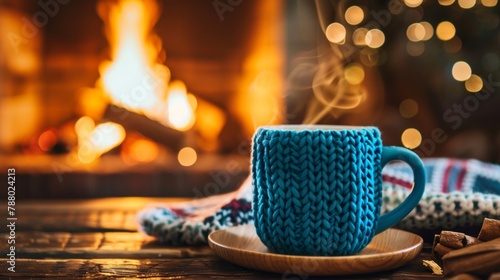 A cup of coffee on a saucer in front of the fireplace, AI