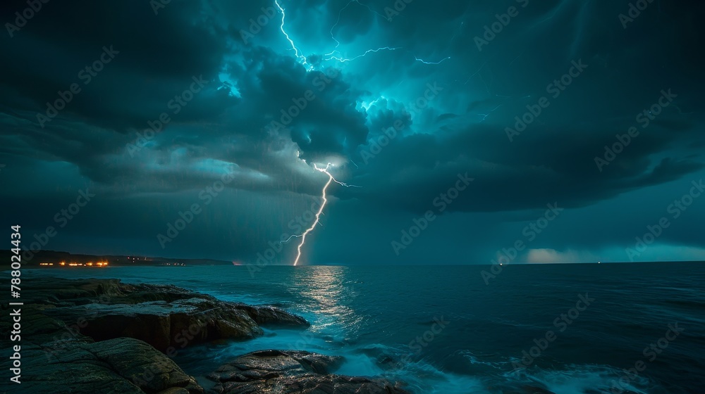 Nature Power: A photo capturing a lightning storm over a vast ocean Nature Power: A photo capturing a lightning storm over a vast ocean