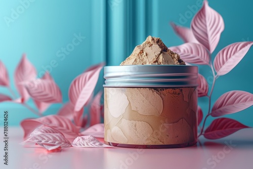 A creatively composed image of a jar spilling out powdery cream surrounded by pink leaves on teal