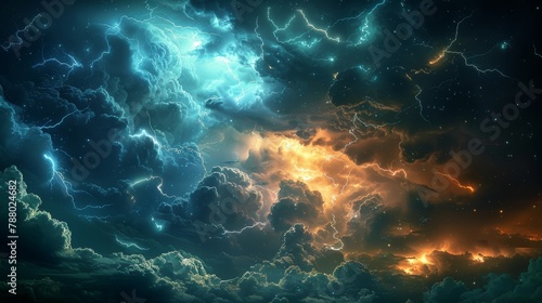 Night Thunderstorm: A photo of a night thunderstorm, with lightning illuminating the sky and clouds, creating a surreal and magical atmosphere