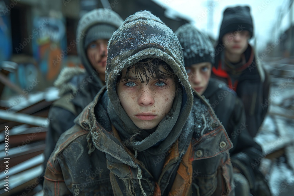 A snow-covered boy stands out in a group, adding a sense of tension and anticipation to the setting A snow-covered boy stands out in a group, adding a sense of tension and anticipation to the setting