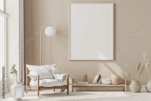 Beige Scandinavian Interior with Poster Mockup created with Generative AI