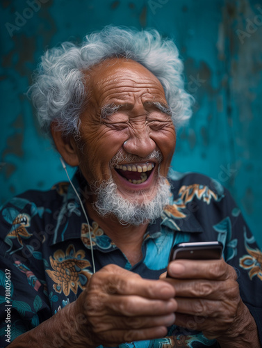 An old Indonesian man laughing at a joke while on a mobile call. Good times filled with laughter.