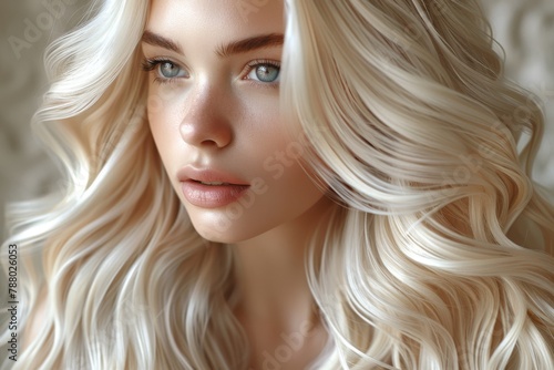 A photorealistic portrait of a woman with wavy blonde hair and piercing blue eyes, giving off a serene vibe