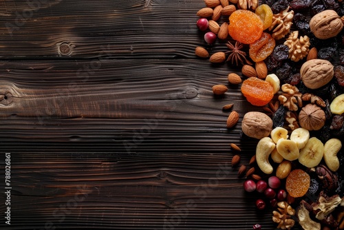 Dried fruits and nuts on dark wood top view Symbols of Jewish holiday Tu Bishvat