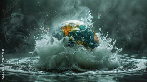 splash of boil water with globe  global warming concept