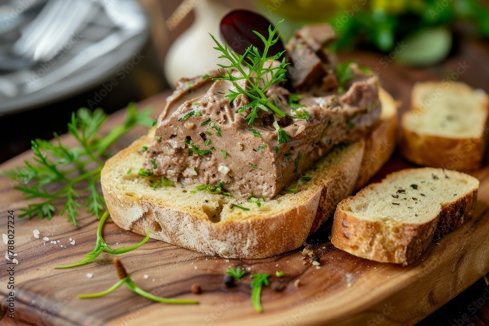 Duck liver pate on brown bread platter Duck liver pate on brown bread platter