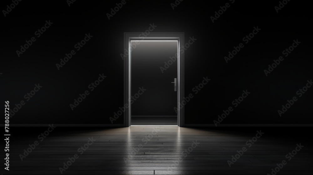3D minimalist image of an office door half-open with darkness inside, uncertainty and fear,