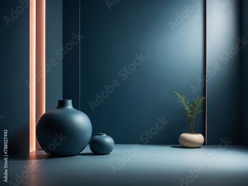 Dark navy blue empty room with ceiling light in modern interior. Wall scene mockup for showcase.