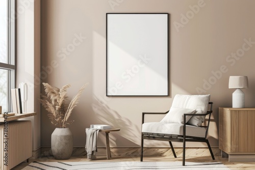 Beige Scandinavian Interior with Poster Mockup created with Generative AI