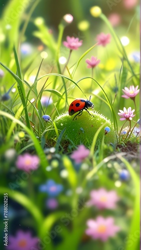 ladybug on green grass, ai generated © VitorCosta
