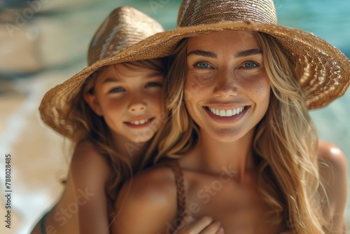 A radiant mother and young child are in a close-up shot, both wearing straw sun hats and smiling warmly © Larisa AI