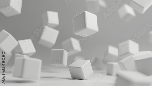 3D  art and floating cube illustration in studio on gray background for design or graphic. Abstract  building texture with square block objects falling to ground for creative or geometric pattern