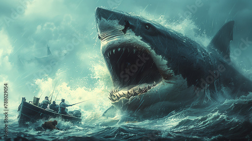 shark hunting people in boat