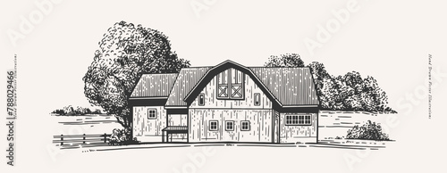 Large farmer's house, fence and trees. Traditional village house and village landscape. Farmland in engraved vintage style.