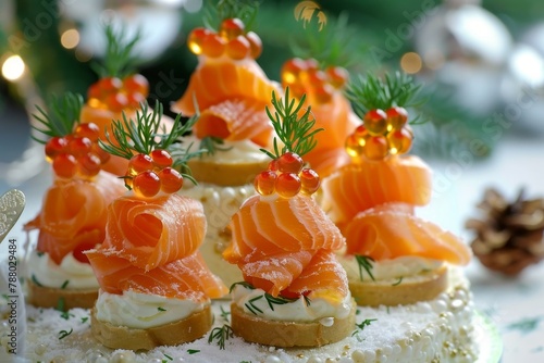 Festive Christmas snack with smoked salmon cream cheese dill horseradish and red caviar on a Christmas tree shaped canapé photo