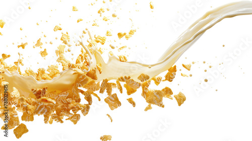 Liquid milk pouring with cornflakes, breakfast cereal, dairy morning food, white milk splash, crunchy wave element photo