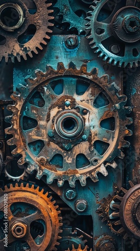 A lone, weathered gear standing out against a backdrop of sleek, modern gears, illustrating the contrast between old and new technology