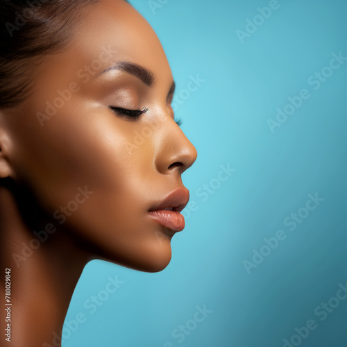 Close up of model's nose, natural skin texture, no makeup look, light blue background, beauty magazine cover, natural lighting, in the style of natural lighting