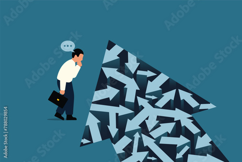 Options, Businessman Looking at Many Arrows and Choosing a Path. Vector Business Illustration.